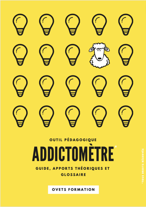 page d'accueil du livret théorique de l'addictomètre avec des ampoules et un mouton. On retrouve le titre addictomètre, un sous titre précisant guide, apports théoriques et glossaires. Outil pédagogique réalisé par oves formation